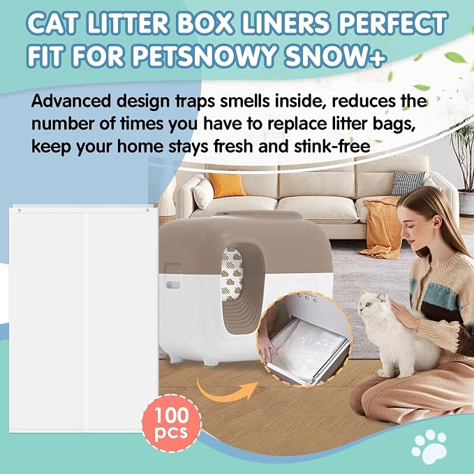100Pcs Cat Litter Box Liners for PetSnowy SNOW+ Automatic Cat Litter Box, Tear & Leak Resistant Self-Sealing Waste Drawer Liner Bags - Image 2