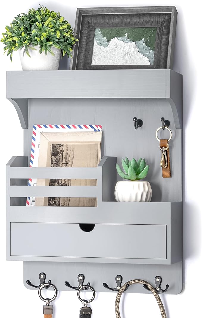 Rebee Vision Key Holder Wall Mount with Drawer &Shelf for Entryway, Gray | Key Holder for Wall, 6 Key Hooks, Floating Shelf, Drawer Organizer, Mail Organizer, Trendy Home Decor, Room Decor Aesthetic by REBEEVISION