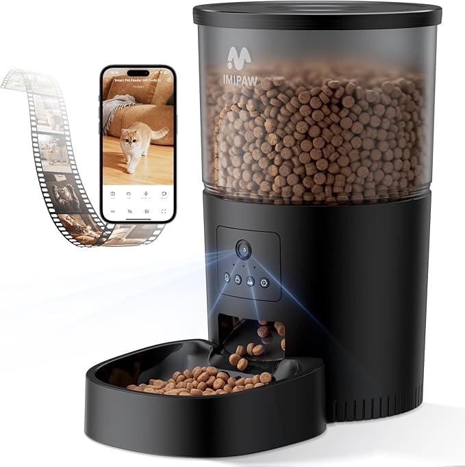 IMIPAW Automatic Cat Feeder with Camera - AI Pet Recognition & Recording, Night Vision, 5G WiFi APP Remote Control, Two-Way Audio & Desiccant Bag, Timed Programmable Food Dispenser for Small Pets by IMIPAW