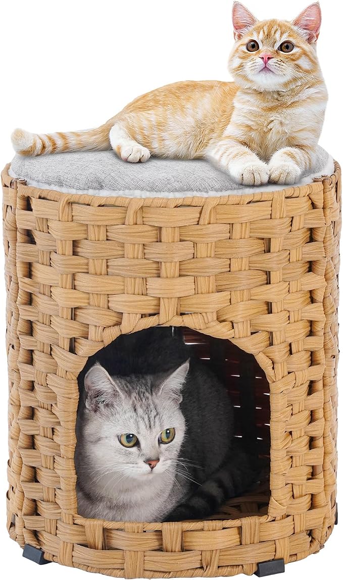 SETVSON Cat House for Indoor Cat, Small Handwoven PE Rattan Kitten Cave | Two-Tier Cozy Pet Nest with One Double-Sided Pad, Waterproof Handwoven PE Rattan Basket, Easy to Clean, 13x13x13.7 In by SETVSON