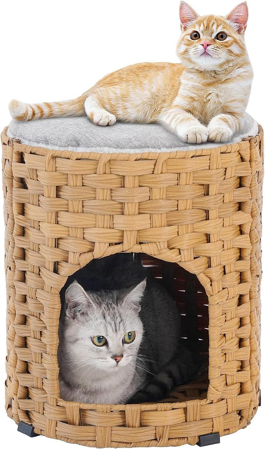 SETVSON Cat House for Indoor Cat, Small Handwoven PE Rattan Kitten Cave | Two-Tier Cozy Pet Nest with One Double-Sided Pad, Waterproof Handwoven PE Rattan Basket, Easy to Clean, 13x13x13.7 In by SETVSON