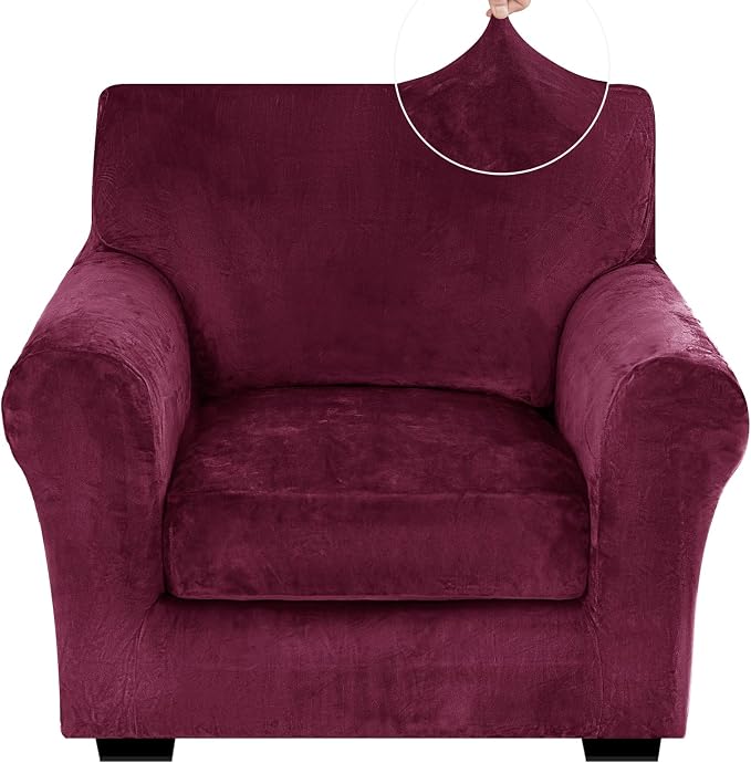 XINEAGE 2-Piece Velvet Armchair Sofa Cover, Couch Covers for Dog,Wine Red | 1 Cushion Chair,Stretch Non-slip Elastic, Pet-friendly, Washable, Fast Setup, Soft Plush Fabric, Furniture Protector. by XINEAGE