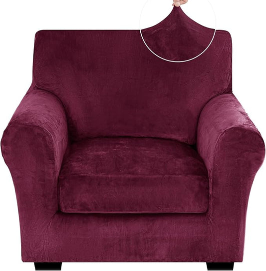 XINEAGE 2-Piece Velvet Armchair Sofa Cover, Couch Covers for Dog,Wine Red | 1 Cushion Chair,Stretch Non-slip Elastic, Pet-friendly, Washable, Fast Setup, Soft Plush Fabric, Furniture Protector. by XINEAGE