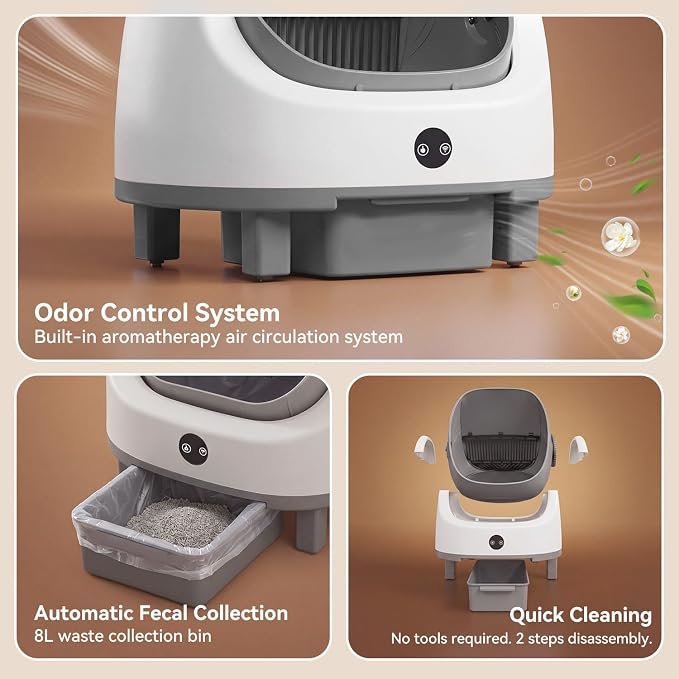 Automatic Litter Box App Control Self Cleaning Litter Box Odor Control＆Safety Protection for Multiple Cats with Garbage Bag, Cat Litter Mat and Fragrance Box,Grey - Image 6