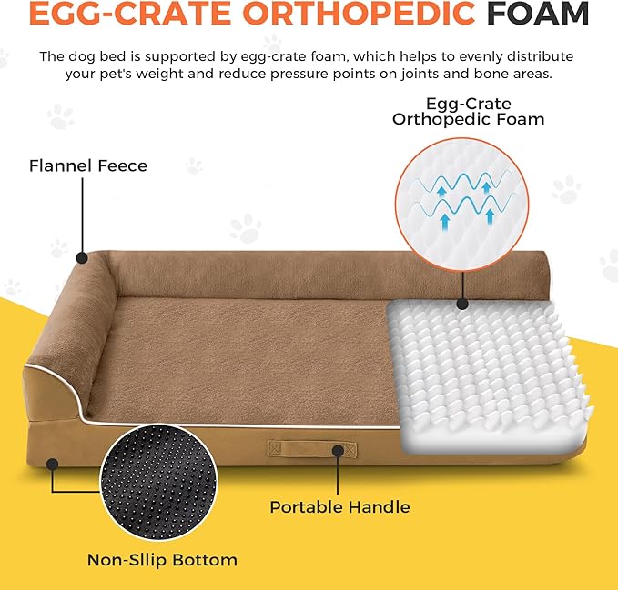 Dog Bed Large Sized Dogs, Orthopedic Dog Bed for Large Dogs, Waterproof Pet Bed with Washable Removable Cover, L-Shaped Pet Couch with Portable Handle 36"x27"x6.5", Camel - Image 2