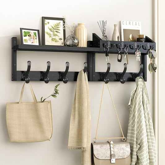 Evermagin 29" Coat Rack Wall Mount with Shelf for Entryway, Black | Wall Mounted Coat and Key Rack with Hooks, Key Holder with Mail Organizer for Wall, Living Room, Mudroom, Bedroom by Evermagin