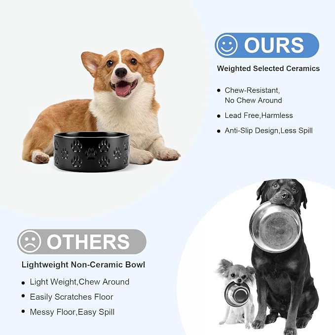 SPUNKYJUNKY Ceramic Dog and Cat Bowls 2 Pack, 6.1'' Dog and Cat Food Water Double Feeding Bowls Non-Slip for Large Sized Breed Microwave Dishwasher Safe - 28.7 OZ, 2pcs, Paw Black - Image 3