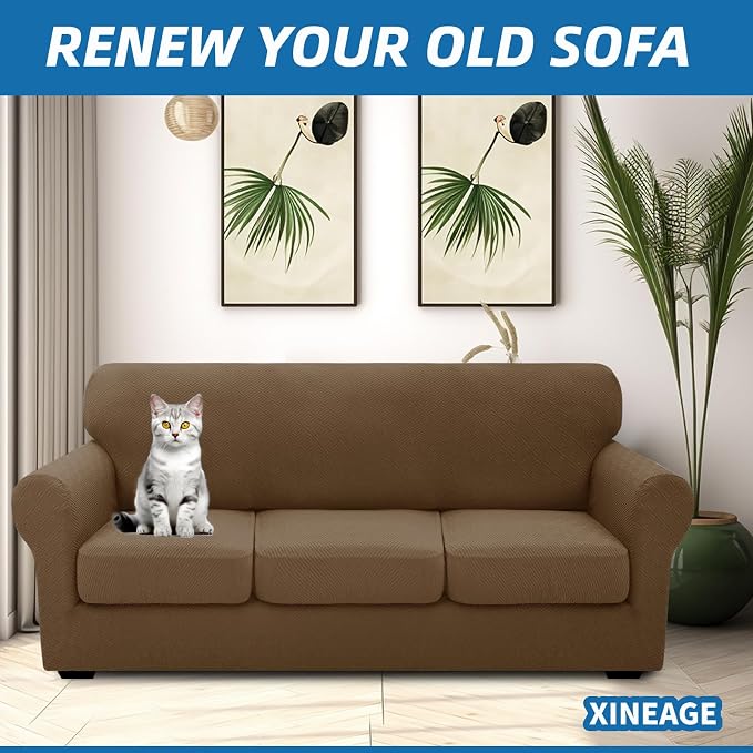 XINEAGE New 4 Pieces Couch Covers for 3 Cushion Couch Super Stretch Thick Soft Sofa Cover Anti Slip Sofa Slipcover Dogs Cats Furniture Protector (Brown, 71"-91") - Image 4