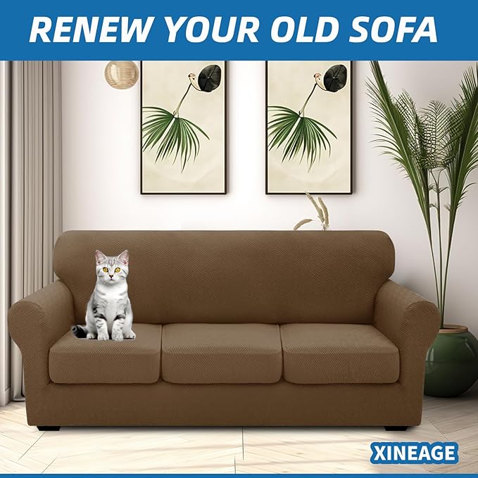 XINEAGE New 4 Pieces Extra Large Couch Covers for 3 Cushion Sofa Super Stretch Sofa Cover for 3 Large Seat Cushion Universal Slip Cover for Living Room (Brown), 91"-110"(3 Cushions) - Image 4