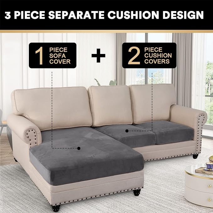 PrinceDeco Sectional Couch Covers 3 Pieces Velvet Sofa Covers L Shape Soft Couch Covers for Sectional Sofa Corner Sofa Cover Couch Cover for Dogs Washable (2 Seater + 1 Chaise,Grey) - Image 3