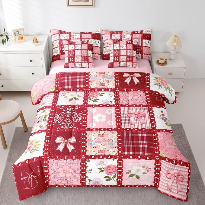 Feelyou Cute Flower 7 Piece Bedding Set Cute Bow Comforter Set with Sheets for Kids Boys Girls Red Theme Bed in a Bag Sweet Princess Theme Bed Set Soft Lightweight by Feelyou
