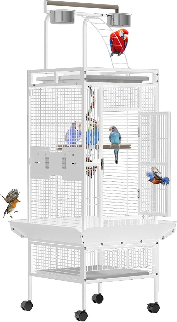 Garveehome 60 Inch White Parrot Cage with Play Top & 4 Feeder Bowls | Wrought Iron Large Bird Cage with Rolling Stand for African Grey Cockatiel Sun Parakeet Green Cheek Conure Lovebird Budgie by GarveeHome