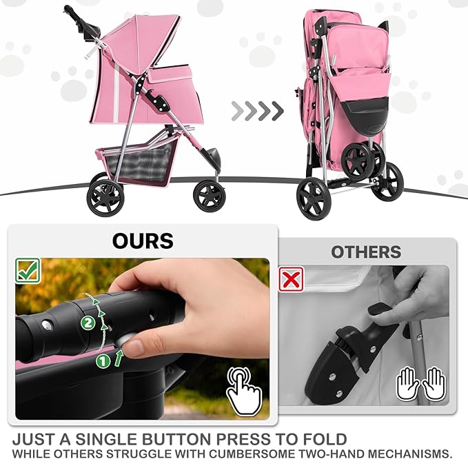 MoNiBloom 3-Wheels Foldable Pet Stroller with Waterproof Cover, Pet Strolling Cart for Small/Medium Dogs and Cats with Storage Basket and Cup Holder, Breathable and Visible Mesh for All-Season, Pink