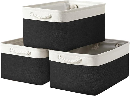 TheWarmHome Storage Basket for Organizing - Large 3 Pack 15.7x11.8x8.3 inch Collapsible Storage Bin for Shelves with Handles Laundry Cube Toy Closet Nursery (Whiet & Black) by TheWarmHome