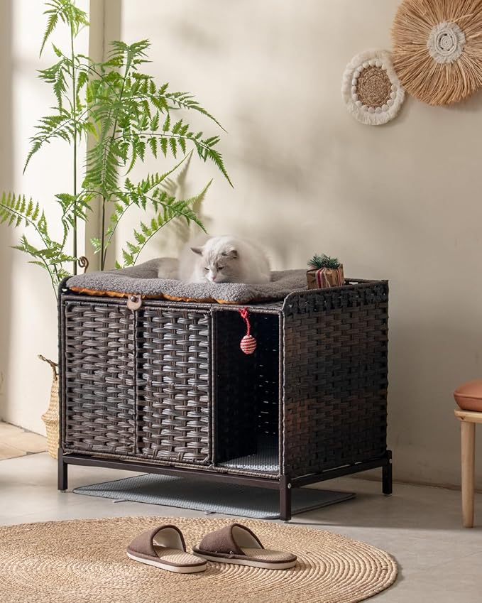 SETVSON Cat Litter Box Enclosure Furniture with Divider, Cat Cabinet, Brown | Handwoven PE Rattan with Soft Litter Mat, 3.54-In Heightened Metal Feet, Spacious & Comfortable, 31.2 x 19.6 x 24.2 In - Image 6
