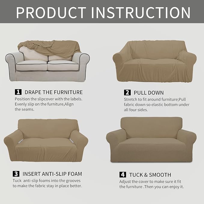 Easy-Going Stretch Loveseat Couch Covers Washable Tan | 1-Piece Loveseat Covers for 2 Cushion Couch Furniture Protector RV Sofa Slipcover Soft with Bottom for Kids Pets - Image 5