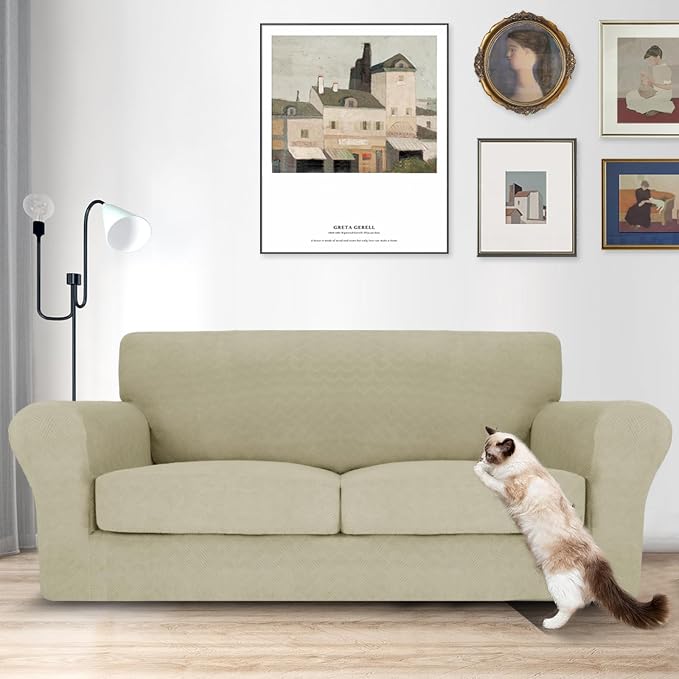 MAXIJIN 3 Piece Couch Covers for 2 Cushion Couch Sofa Cover, Stretch Loveseat Sofa Slipcovers for Sofas with 2 Large Cushions, Thick Dogs Pet Furniture Covers (71"-91", Khaki) - Image 2