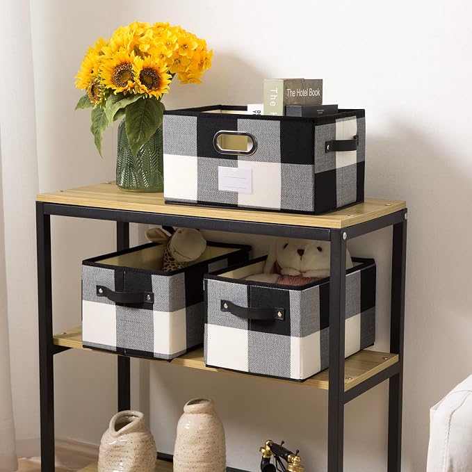 PRANDOM Large Collapsible Storage Baskets for Closet [3-pack] Decorative Fabric Storage Bins Cubes with Leather/Metal Handles for Shelves Bedroom Living Room Black and White Grid (14.9x9.8x8.3 Inch) - Image 2