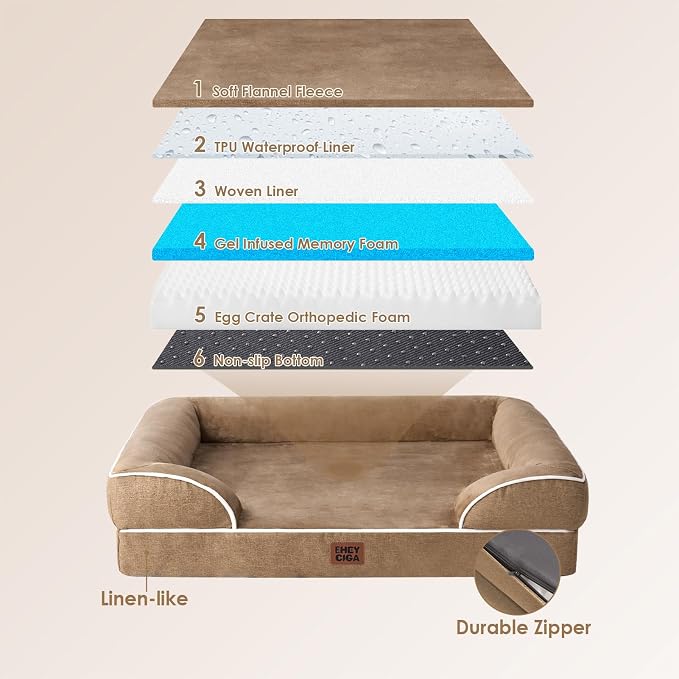 EHEYCIGA Orthopedic Dog Bed Medium Size Dog, Waterproof Washable Pet Beds | Non-Slip Bottom and Egg-Crate Memory Foam Dog Couch Bed with Washable Removable Cover, Camel - Image 5