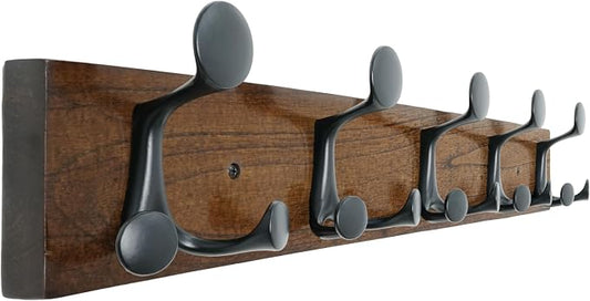 SKOLOO 24-Inch Walnut Wood Coat Rack Wall Mount with 5 Triple Hooks - Ideal for Family Entrances, Classrooms, and Pet Supplies Storage - Perfect Coat Hooks for Wall by SKOLOO