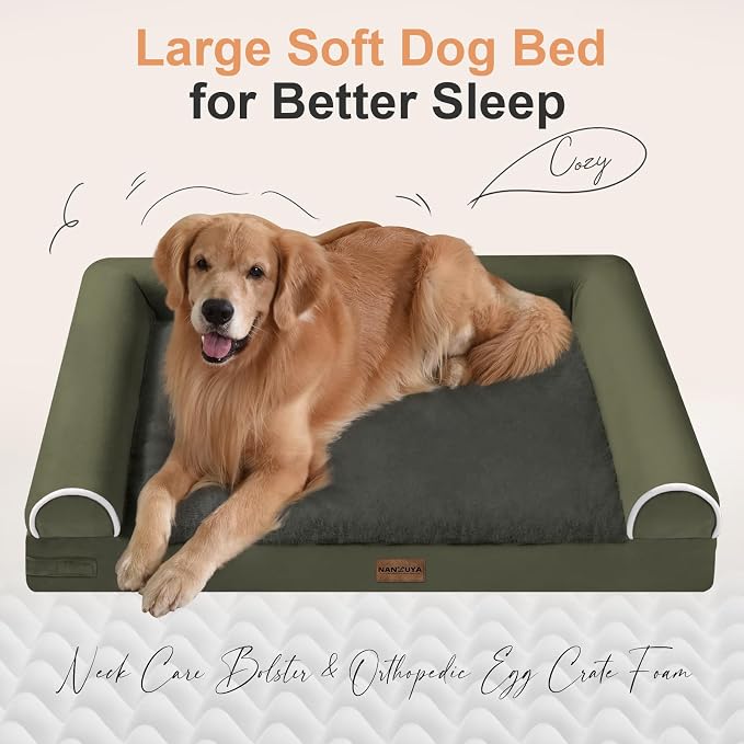 NANUYA Orthopedic Dog Bed for X-Large Dogs, 40 x 32 Inch, Dark Green | Egg crate foam for joint support, 3-sided bolster pet sofa, waterproof lining, washable cover, and non-skid base - Image 2