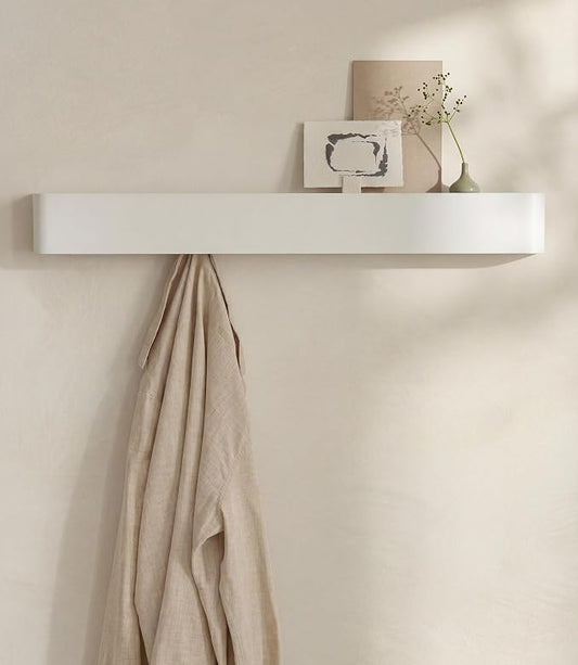 Kazai. Coat Rack Wall Mount with Shelf 'Tone' | Modern Design Coat Hanger with Hidden Hooks and Storage | Hat Rack with Shelf in Metal | Wall-Mounted Purse Organizer | White by KAZAI