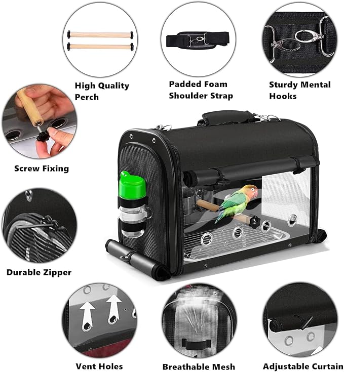 Bird Carrier Bag with Stand, Lightweight Backpack for Parrot, Portable Cockatiel Travel Cage with Accessories, Pet Transparent Breathable Carrier, Black - Image 2