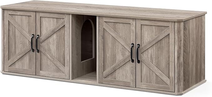 Feandrea Double Cat Litter Box Enclosure, Modern Litter Box Furniture Hidden for 2 Cats, Front Entry, Cat House, Side End Table, TV Stand, 59 x 19 x 19.5 Inches, Heather Griege UPCL010G01 by FeandreabySONGMICSHOME