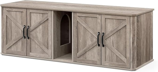 Feandrea Double Cat Litter Box Enclosure, Modern Litter Box Furniture Hidden for 2 Cats, Front Entry, Cat House, Side End Table, TV Stand, 59 x 19 x 19.5 Inches, Heather Griege UPCL010G01 by FeandreabySONGMICSHOME