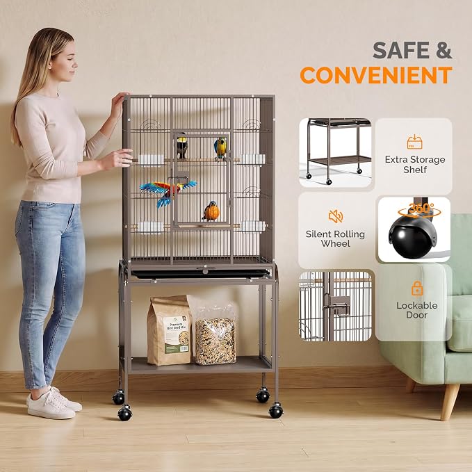 VINGLI 53-inch Bird Cage with Wheels, Durable Wrought Iron Parakeet Cage with Slide Out Tray, Black Bird Cages for Parakeets/Lovebird/Cockatiels/Budgies and Other Small/Medium Birds (Brown, 53 inch) - Image 4