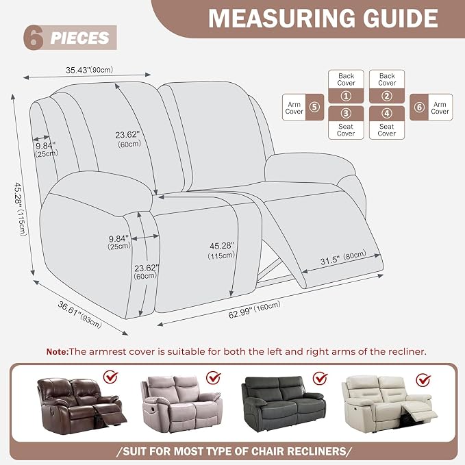 vctops Diamond Recliner Loveseat Slipcover 6-Pieces Stretch Dual Recliner Sofa Covers for 2 Seat Dual Reclining Loveseat Couch Soft Solid Furniture Protector (Camel,2 Seat) - Image 2
