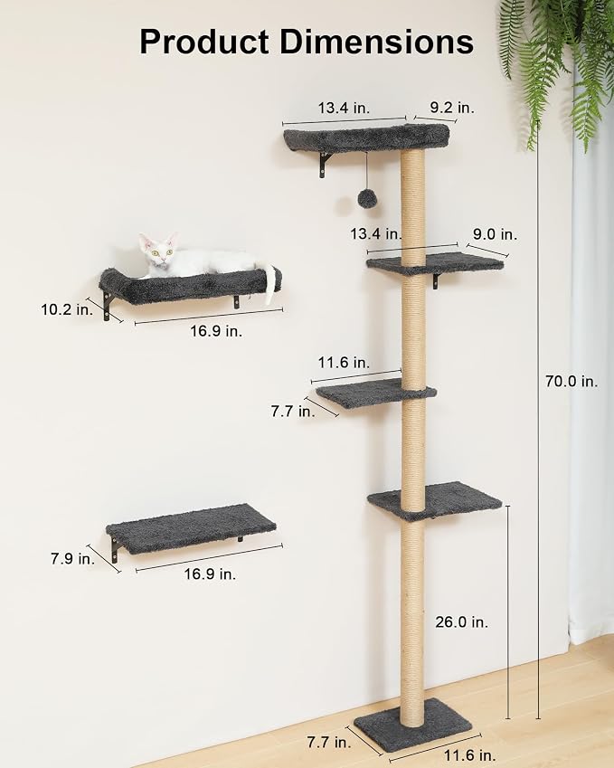FUKUMARU Cat Wall Shelves Set, 70 inch Wall Mounted Tree, Grey | Kitten Scratching Post with Soft Cushion Perch, Space Saving Climbing Wall Furniture for 16 Inch Drywall - Image 4