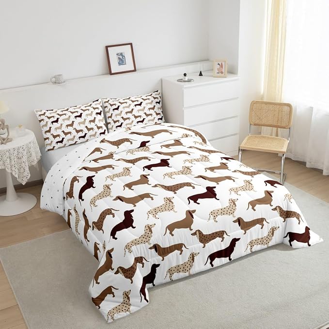 Feelyou Cartoon Dog Print Comforter,Puppy Animal Bedding Bed Set,Cute Dachshund Kawaii Comforter Set for Teens Kids Boys Girls Adults Decor,Brown Quilt Collection 3Pcs King Size Boys - Image 2