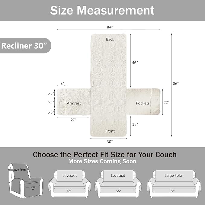 Large Ivory Recliner Chair Covers, Quilted Décor Water-Repellent Lazy Boy Chair Covers, Pet Friendly Large Recliner Cover for Dogs Cats, Washable Couch Cover (Recliner 30", Ivory White) - Image 7