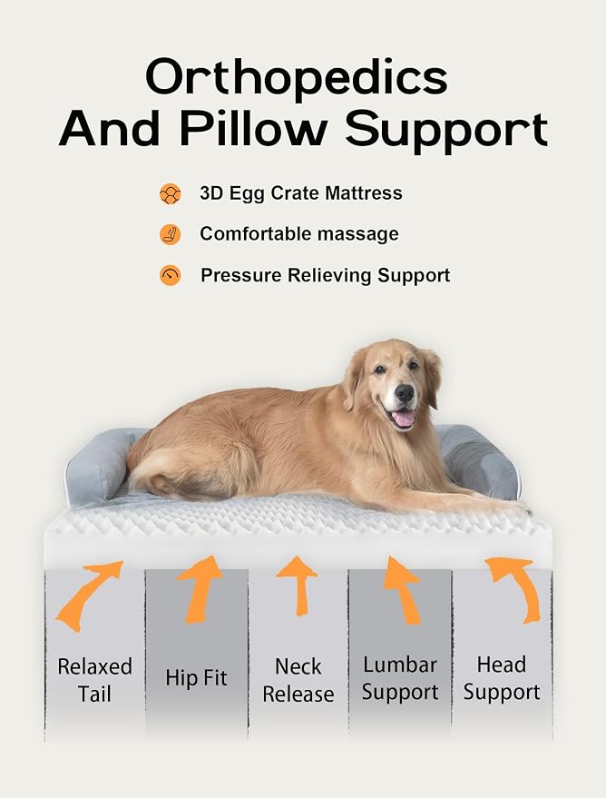MEKIY Orthopedic XL Dog Bed with Bolster for Extra Large Size Dogs | Pillow Support for Neck Relief, Egg Crate Foam, Skin-Friendly Surface, Waterproof Liner, Anti-Slip Bottom, 42 x 30 Inch - Image 2