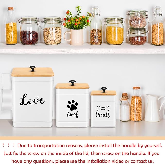 Jingmore Metal Dog Treat Containers Set of 3 with Bamboo Lids and Spoon Airtight 7+3+2 lbs Dog Food Snack Jars with DIY Labels Big Pet Cookie Storage Jar for Kitchen Counter(White,Modern) - Image 5