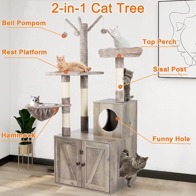 Timberer Litter Box Enclosure with Cat Tree, 2-in-1 Cat Tree Tower, Hidden Cat Litter Box Furniture with Scratching Post, Modern Cat Condo, Grey - Image 2