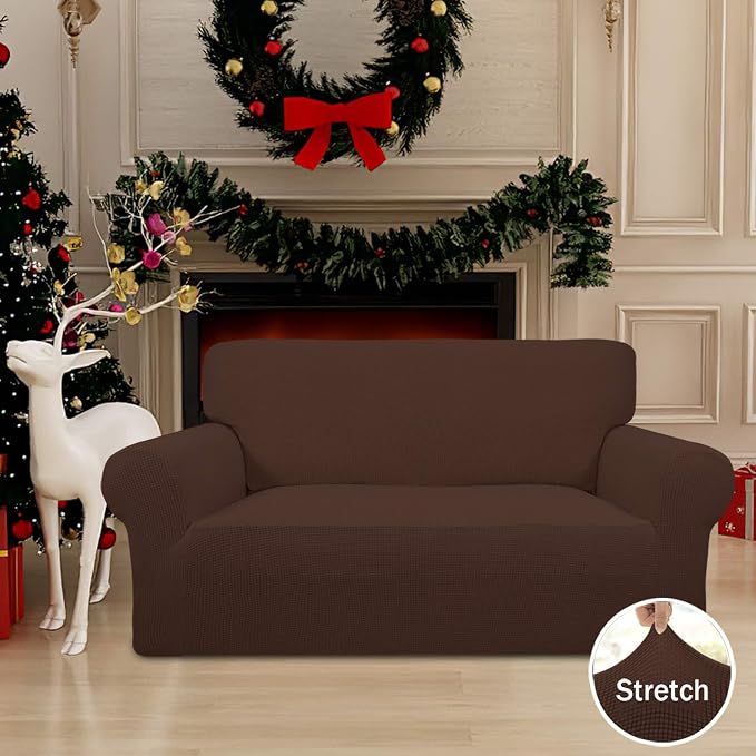 Easy-Going Stretch Loveseat Couch Covers Washable Coffee | 1-Piece Loveseat Covers for 2 Cushion Couch Furniture Protector RV Sofa Slipcover Soft with Bottom for Kids Pets - Image 2
