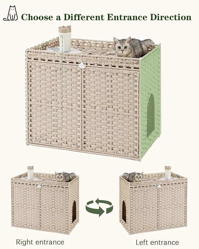 SETVSON Cat Litter Box Enclosure Furniture, Hidden Litter Box, Cat Litter Box Cabinet with 2 Litter Mats, Handwoven Rattan Large Space Cat House Indoor, Living Room, Bedroom, Apartment Light Khaki - Image 8