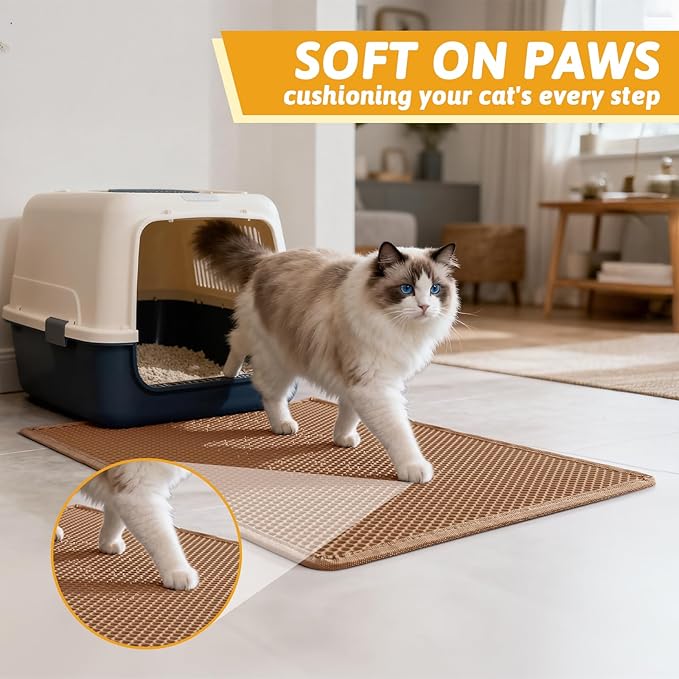 Pieviev Cat Litter Mat Double Layer Waterproof Urine Proof Trapping Mat 1 Pack (30''X24'', Brown) | Honeycomb Design Catches Scattered Particles to Stop Tracking, Urineproof Base Protects Floors, Easy to Clean - Image 4