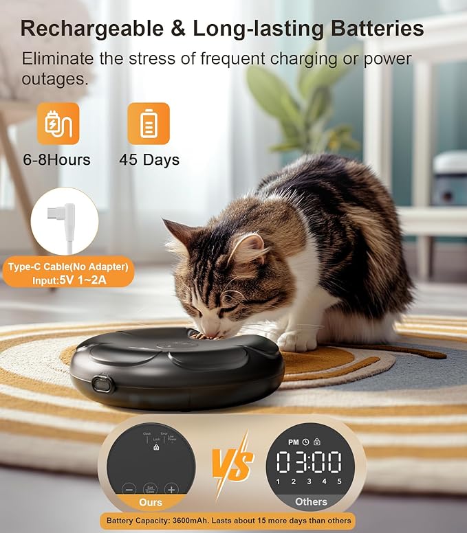 Casfuy Automatic Cat Feeder Cordless - Automatic Cat Food Dispenser for Wet Moist Food with 4 Ice Packs Rechargeable Auto Feeder for Cats Small Dogs with Programmable Timer Low Battery Indicator - Image 6