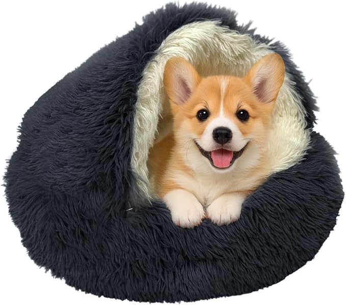 ShinHye Cat Bed Round Plush Fluffy Hooded Cat Bed Cave, Cozy for Indoor Cats or Small Dog beds, Soothing Pet Beds Doughnut Calm Anti-nxiety Dog Bed - Waterproof Bottom Washable (23×23inch, Dark Grey) by ShinHye