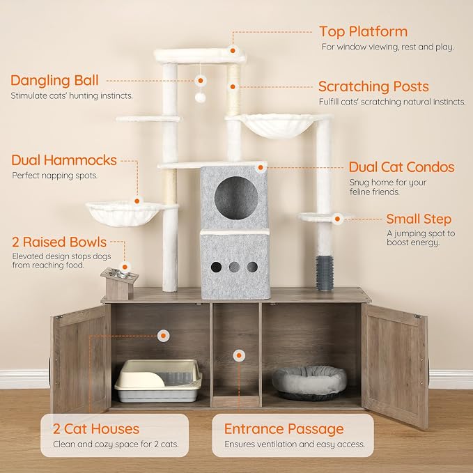 HOOBRO Cat Tree with 47.2" Dual Litter Box Enclosure, 63.4" Tall Multi-Functional Tower for Cats, Hidden Litter Box Enclosure Furniture, with Feeding Bowls, Scratching Posts, Hammocks, Greige BG23MZ03 - Image 3