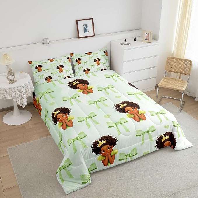 Manfei Cute Princess Comforter Set Full Size,Green Bowknot Marble Paint Bedding Set 3 Pcs for Teens Young,Fairy Tale Black Skin Girl Frog Crown Down Comforter,Green Duvet Insert,2 Pillowcases - Image 3