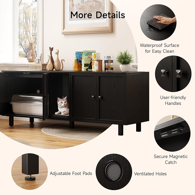ONBRILL 63 Inches Cat Litter Box Enclosure for 2 Cats, Hidden Litter Boxes Furniture with Cat Scratch Pad, Large Indoor Pet House with Double Room, Wooden TV Stand Side Table, Black - Image 6