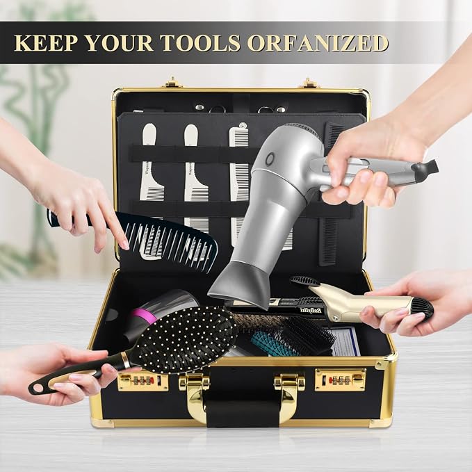 Barber Case Clipper Bag Gold, Hair Kit Tool Box Aluminum Organizer with Portable Handle and Secure Numlock for Scissors, Clippers, Barber Supplies 15.7" x 12" x 6.1" - Image 8