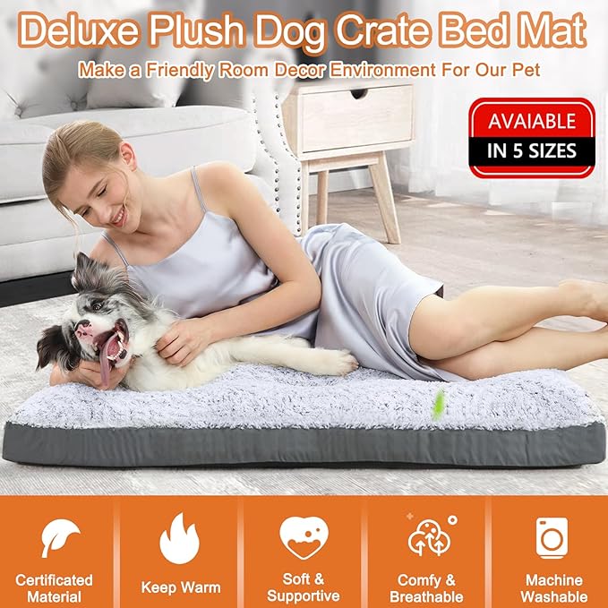 POCBLUE Deluxe Washable Dog Bed for Large Dogs Dog Crate Mat 35 Inch Comfy Fluffy Kennel Pad Anti-Slip for Dogs Up to 60 lbs, 35" x 23", Grey - Image 2