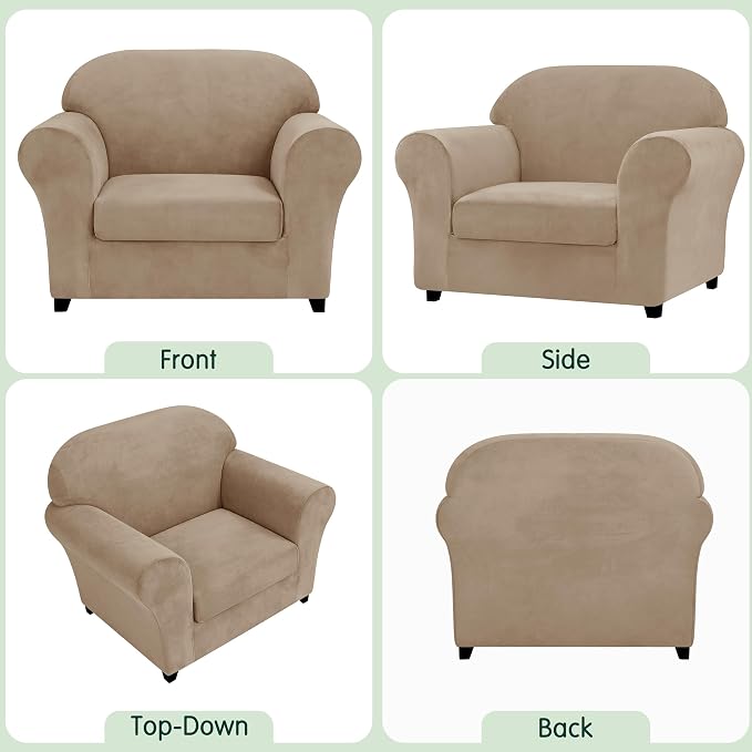 CHUN YI 2 Piece Velvet Armchair Cover Couch Covers 1 Cushion, Water Resistant Chair Slipcover with Arms, Non Slip High Stretch Thick Furniture Protector for Dogs Pets, Small, Camel - Image 6