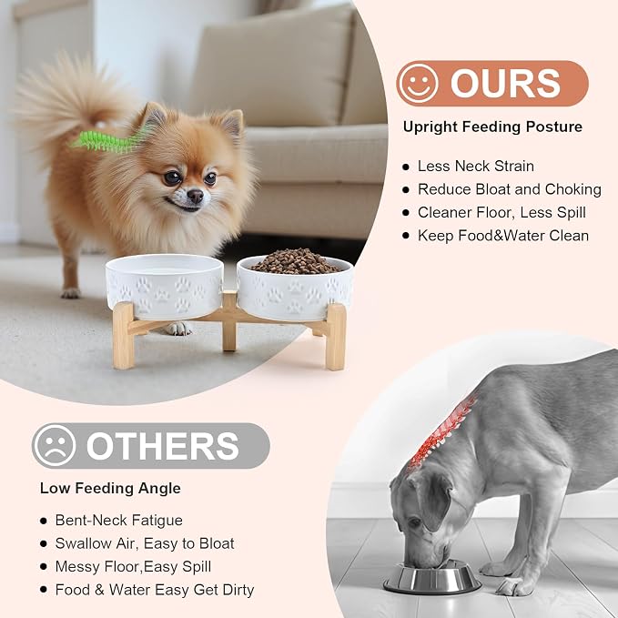 SPUNKYJUNKY Elevated Dog Bowls Ceramic, 5.1'' Dogs and Cat Food Water Bowls Raised with Non-Slip Bamboo Stand for Puppy Small Sized Breed Microwave Dishwasher Safe - 13.5 OZ,Paw White - Image 2