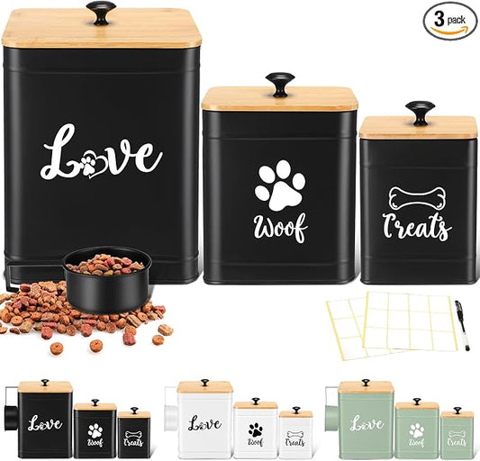 Jingmore Metal Dog Treat Containers Set of 3 with Bamboo Lids and Spoon Airtight 7+3+2 lbs Dog Food Snack Jars with DIY Labels Big Pet Cookie Storage Jar for Kitchen Counter(Black,Classic) by Jingmore